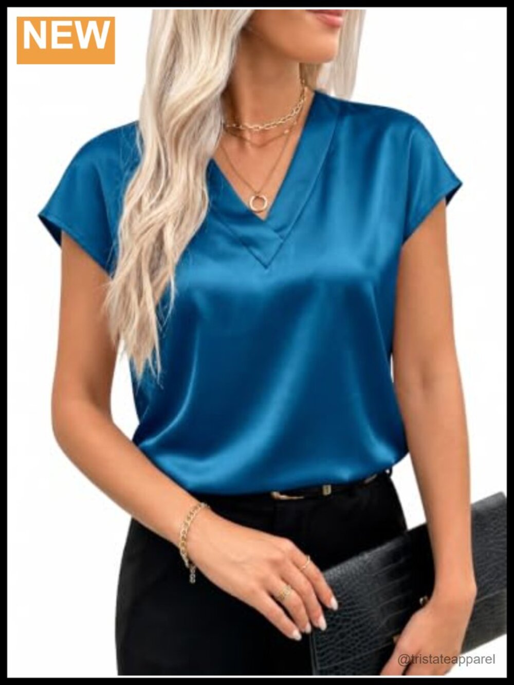 Satin Silky Cap Short Sleeve V-Neck Blouse Dressy Casual Top